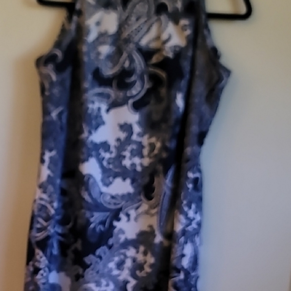 Perceptions Blue and White Halter Sheath Dress